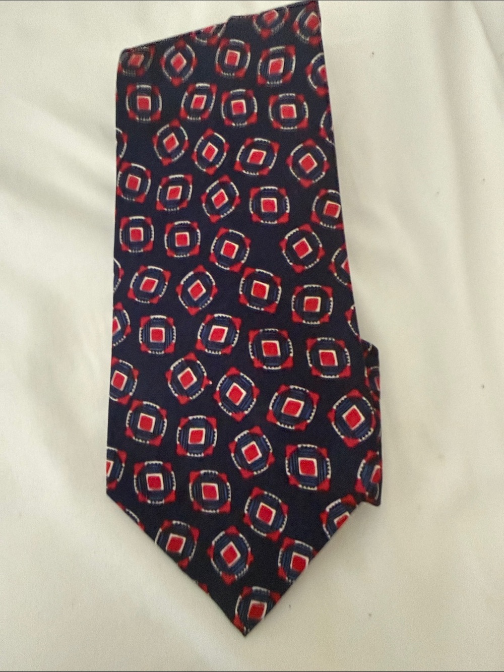 Dior Navy Tie with Red Geometric Medallions